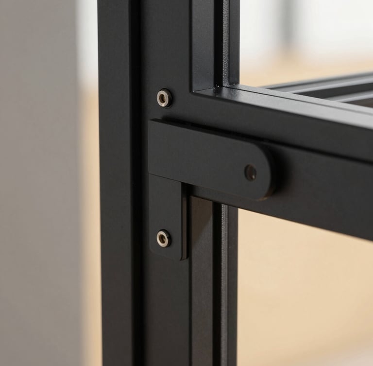 extreme close-up of premium black anodized aluminum frame hardware, precise lock mechanism, matte finish, architectural luxury detailing, sharp focus.