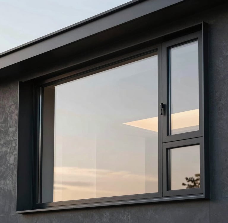 Architectural close-up of a minimalist black aluminum window frame, sharp daylight, crisp reflections on thick double-glazed glass, luxury modern house exterior