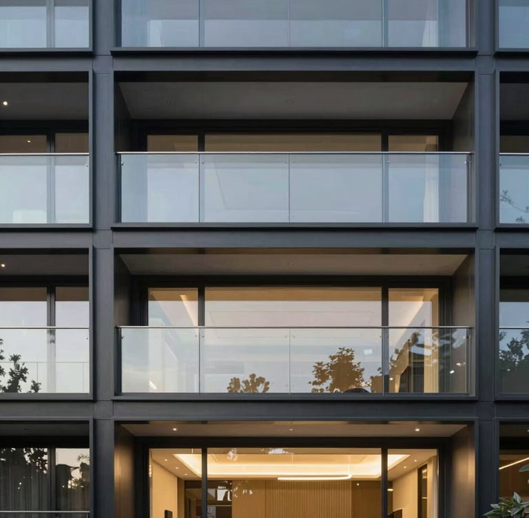 Architectural photography of a luxury modern residential facade, large minimalist black aluminum frames, crisp daylight reflections on high-performance glass, deep graphite tones, 35mm lens.