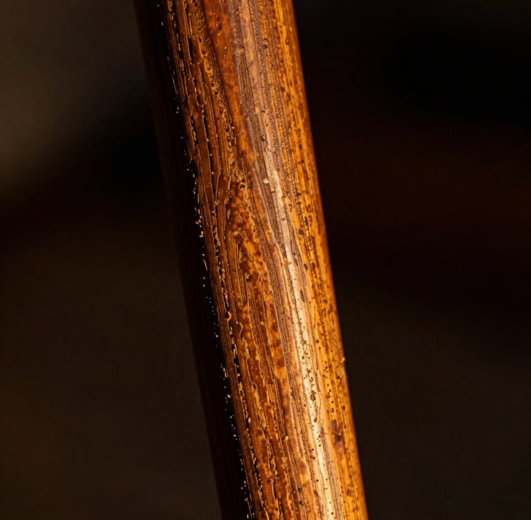 Extreme close-up of aged hand-carved wooden Yoruba ancestral staff, showing deep wood grain and chisel marks, side-lit with warm golden light, dark background, 35mm