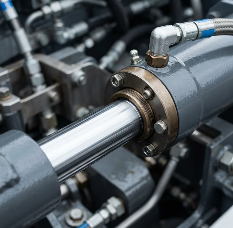 Macro detail shot of a clean heavy-duty marine hydraulic piston, high-grade stainless steel cylinder, crisp cool daylight, sharp metallic reflections, 50mm lens