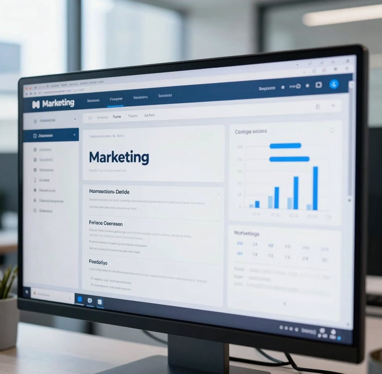 A close-up of a clean digital marketing dashboard on a high-resolution screen in a bright, modern Auckland office, natural daylight, cool blue tones.