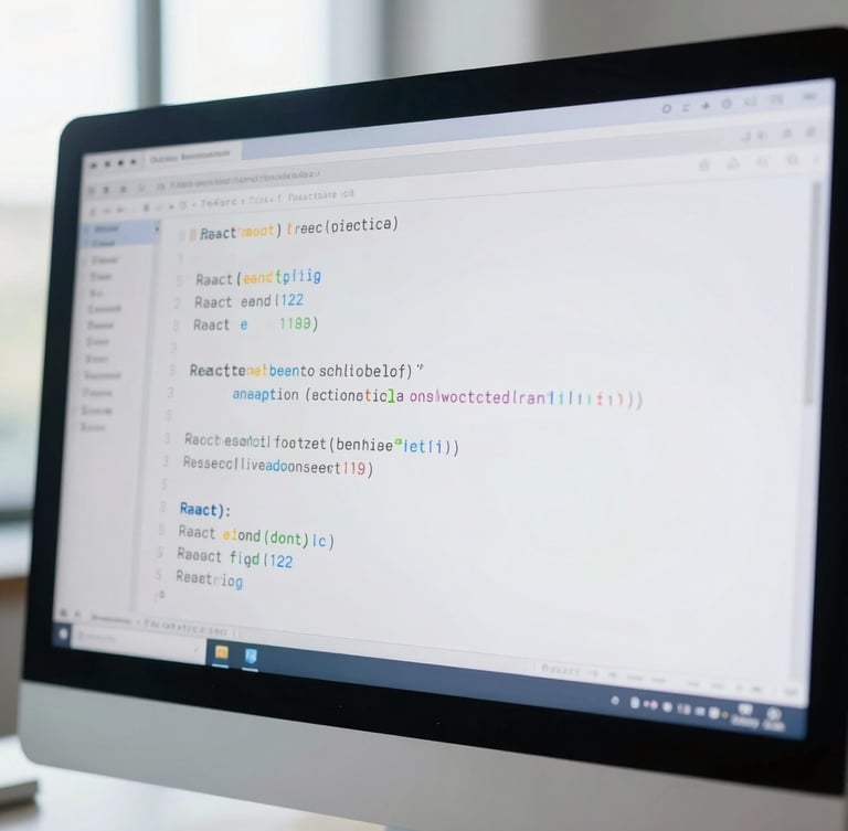 A close-up of clean, well-structured React code on a modern monitor, soft natural daylight reflecting on the glass, professional editorial style.