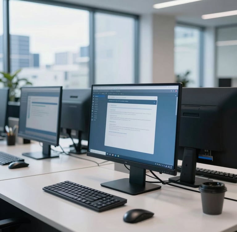 Crisp corporate photography of a modern Auckland workspace with bright daylight, cool blue tones, and clean technology screens in sharp focus.