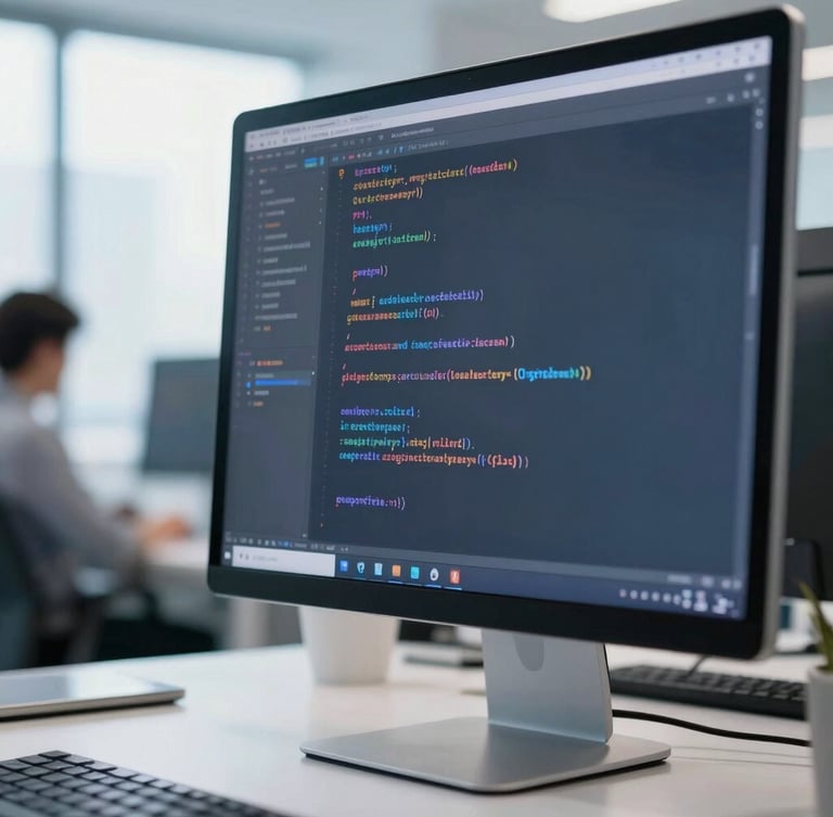 A close-up of clean code on a monitor with a soft reflection of a developer working in a bright modern workspace, cool blue daylight, professional editorial style