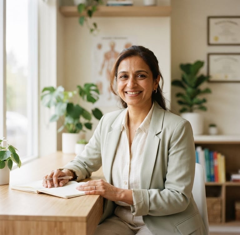 A professional, warm portrait of Dt. Fazila Shaikh, a clinical dietitian in a bright, modern wellness clinic, natural window lighting, soft sage and cream tones, 35mm photography.