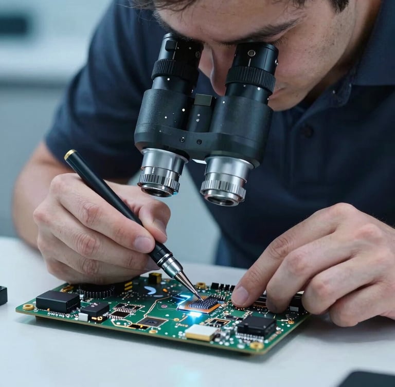 Macro shot of a professional technician in a dark polo shirt soldering a MacBook logic board under a microscope, cool blue lighting, high detail, 35mm