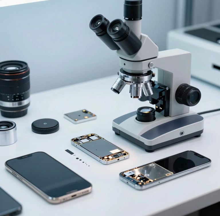 Pristine clean-room repair desk with a high-end microscope, neatly organized disassembled iPhone components, bright clean studio lighting, cool blue tones, macro lens, 35mm