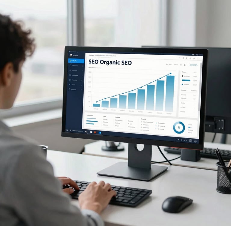 Over-the-shoulder shot of a clean desk setup with a monitor displaying a technical SEO dashboard with rising organic traffic charts, cool daylight.