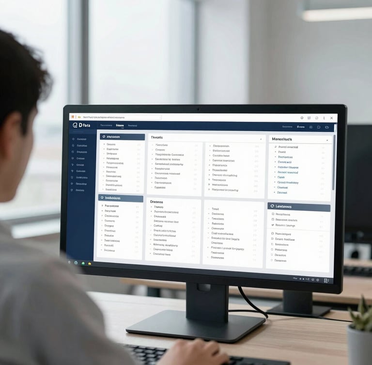 Over-the-shoulder view of a technical data dashboard on a monitor, bright cool-toned office window light, clean corporate photography, desaturated tones