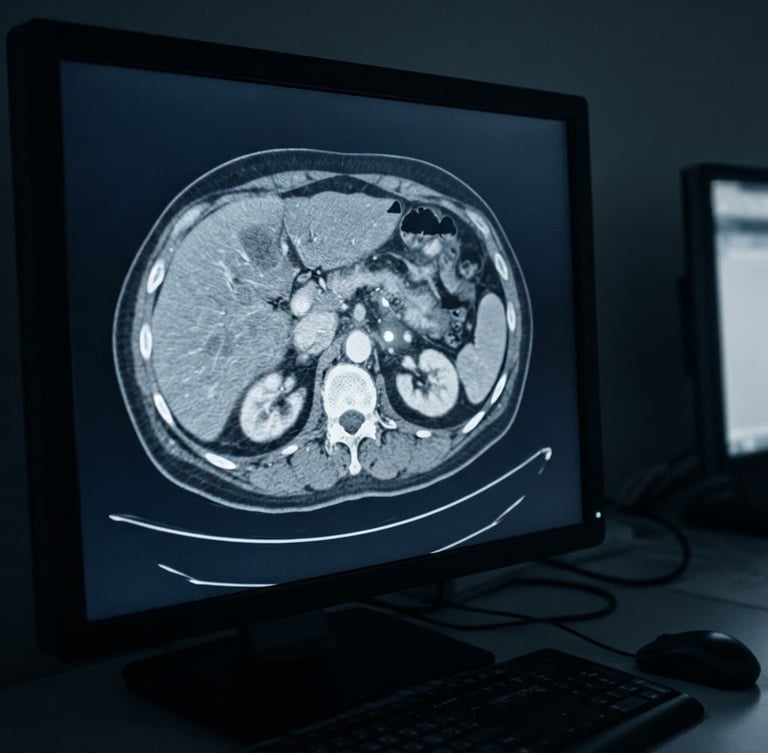 High-contrast axial CT scan of the abdomen showing a subtle but critical diagnostic detail, viewed on a PACS workstation screen in a dimly lit clinical room, cool blue and slate tones, sharp macro focus, 35mm