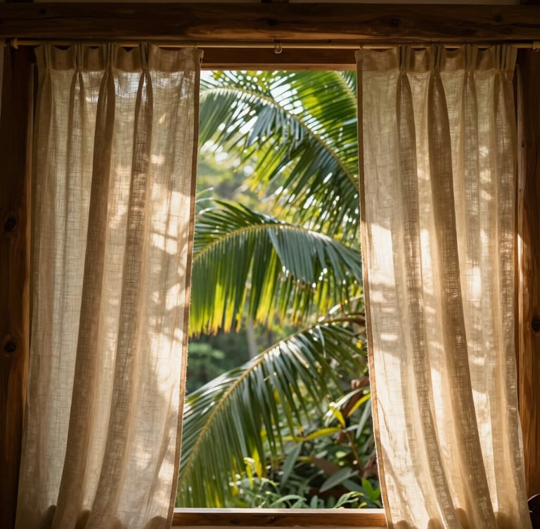 Boutique guesthouse interior with natural wood beams, linen curtains blowing in the wind, lush green palm leaves framing the window, soft morning light