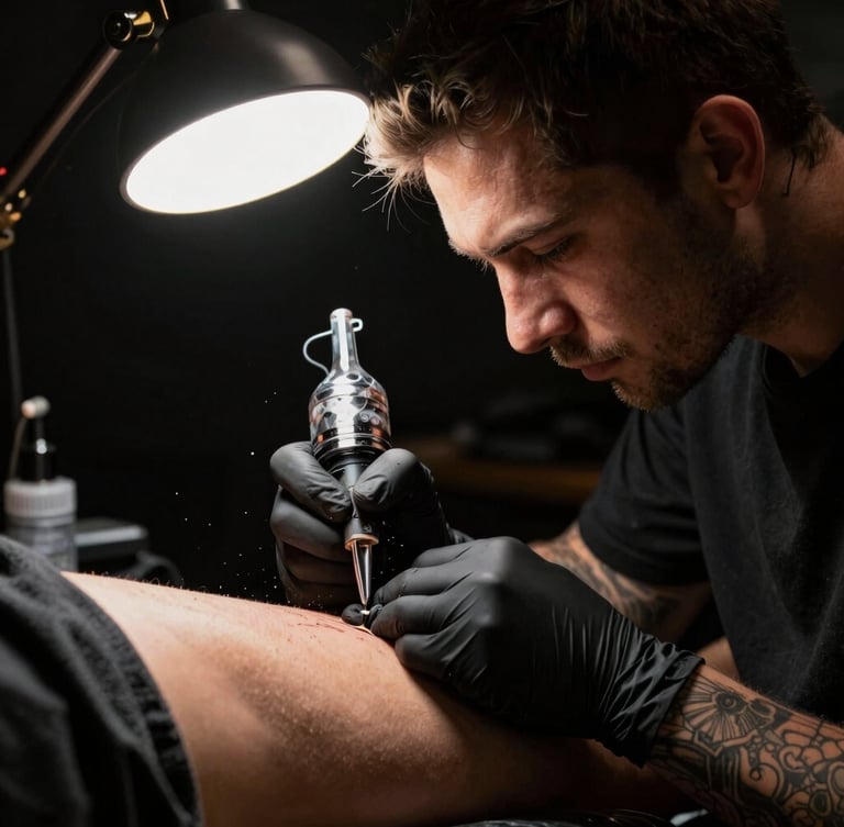 Tattoo artist at work in a dark studio, single warm spotlight illuminating the needle and skin, ink droplets, cinematic atmosphere.