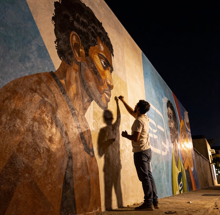 Primer plano dramático de un artista pintando un mural gigante por la noche, iluminación de tungsteno contrastada, pintura fresca brillando bajo focos intensos, perspectiva angular hacia arriba.