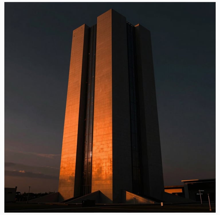 Cinematic digital concept art frame, dark moody atmosphere with sharp orange chiaroscuro lighting on a futuristic architectural monolith, wide aspect ratio