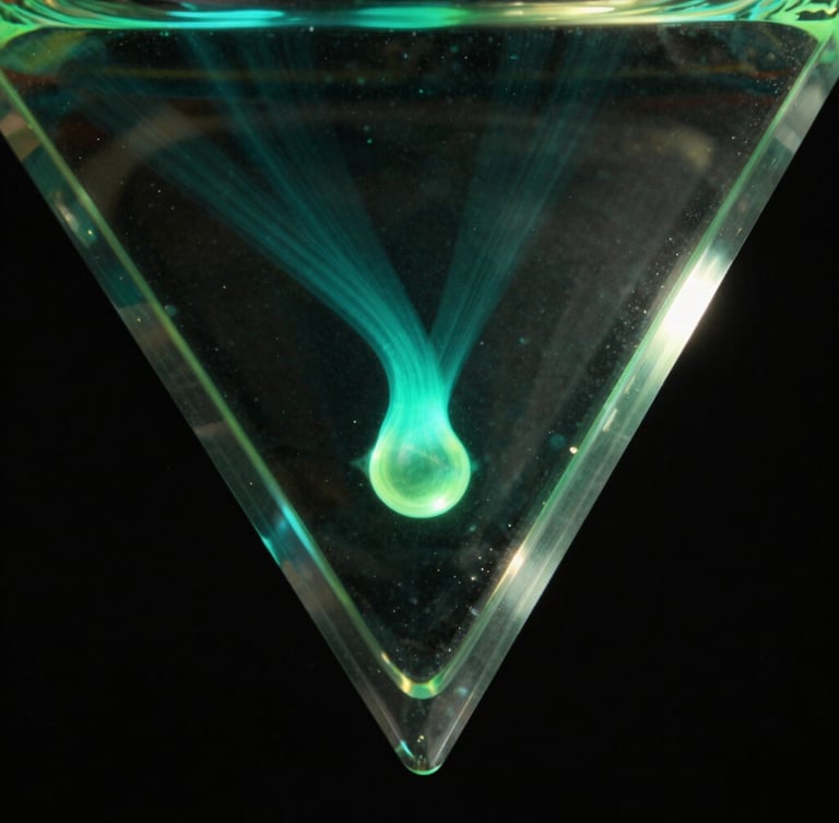 Extreme close-up of refracting light passing through a glass prism, neon cyan and electric green gel lighting, high-contrast studio setting, sharp focus