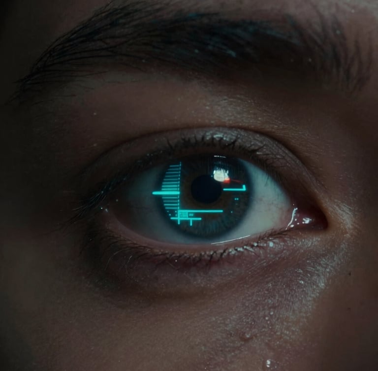 Extreme close-up of a human eye reflecting a glowing cyan holographic interface, dark cinematic film photography, moody desaturated tones, anamorphic lens flare