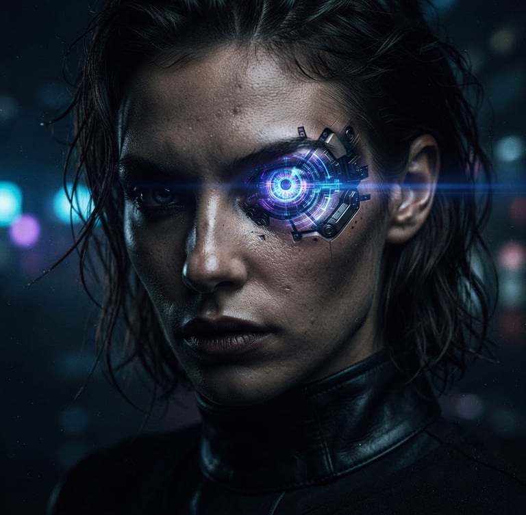 A close-up of a high-fashion model with holographic cybernetic eye implants, dramatic chiaroscuro lighting, deep shadows, electric blue and violet ambient glow, anamorphic lens flare