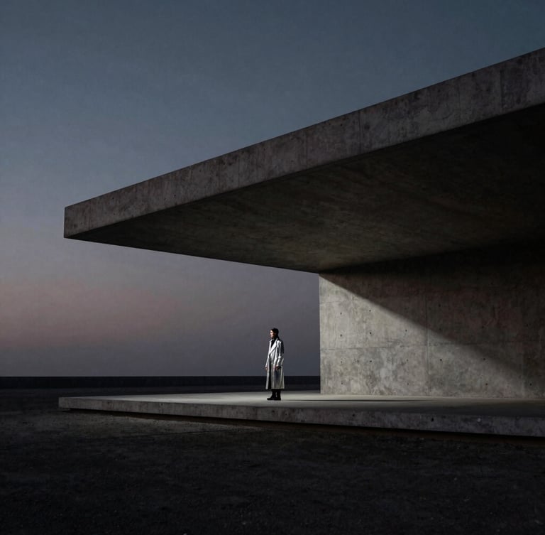 A wide anamorphic shot of a futuristic minimalist concrete pavilion in shadow, a single figure in a long silver coat standing at the edge, low horizon, moody twilight sky