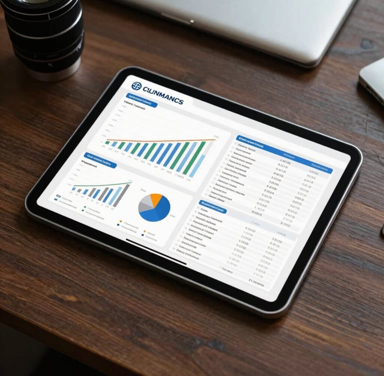 A top-down view of an organized executive desk, a tablet showing bright corporate financial charts and pharmacy operational data, clinical daylight, precise framing.