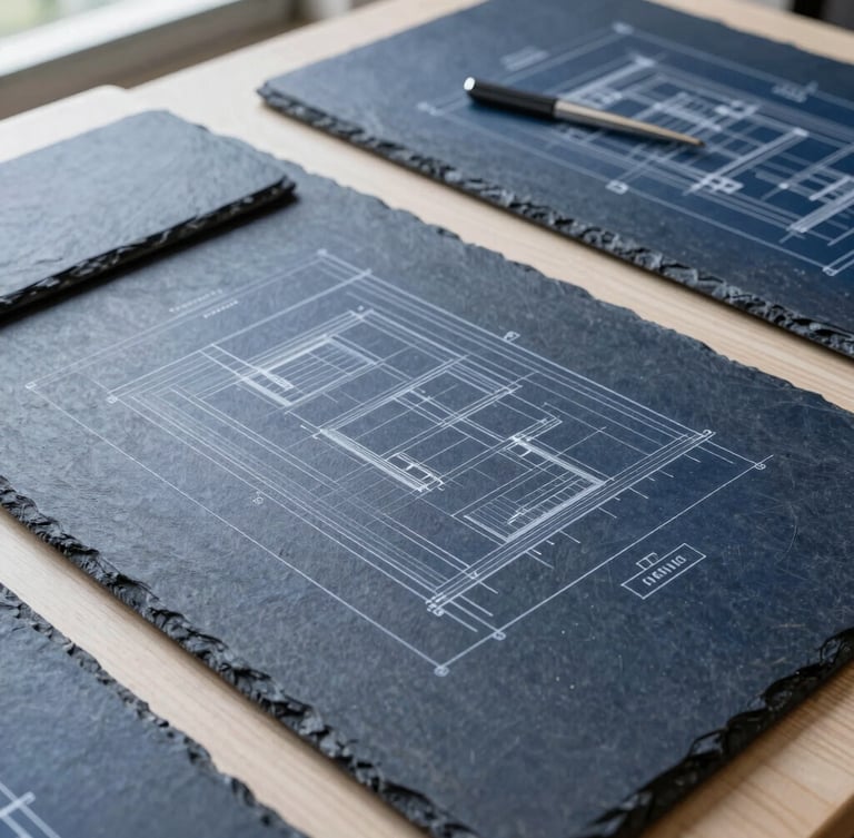 A clean architectural workspace with minimalist drafting tools, structured blueprints on slate tables, bright natural daylight, cool navy tones, sharp focus, 35mm