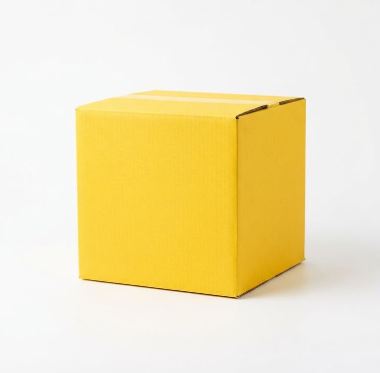 Bright high-key product photography of a yellow delivery box on a clean white background, crisp studio light, sharp focus.