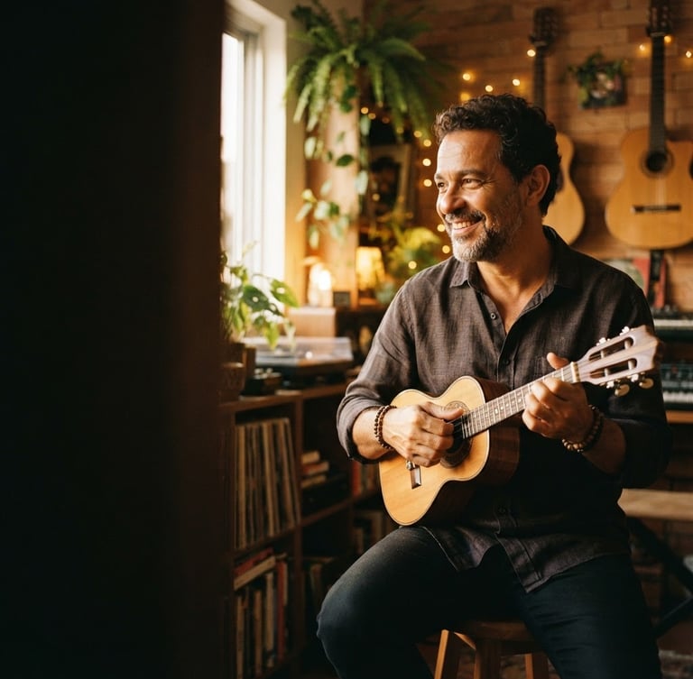 Beto Passos, um homem brasileiro de meia-idade, sorrindo e tocando cavaquinho em um estúdio caseiro com luz dourada quente, foco nas mãos e no instrumento, com amplo espaço negativo à esquerda.