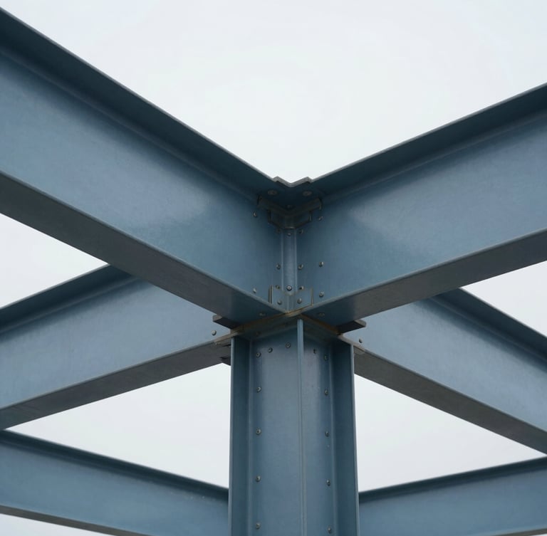 Tight technical detail shot of structural steel joints in a clean modern building interior, crisp daylight, cool overcast tones, high clarity