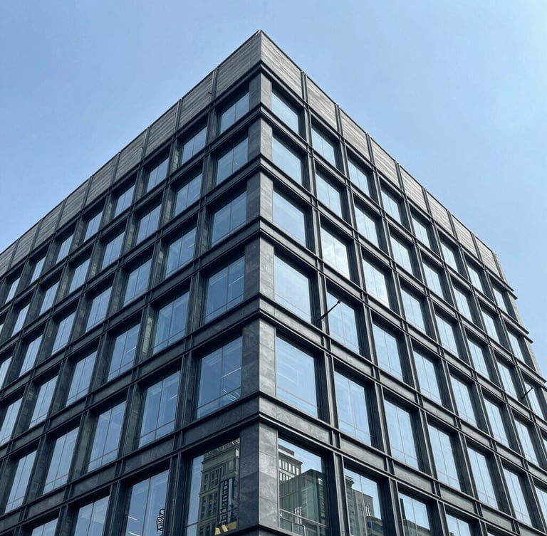 Wide architectural angle of a modern commercial office building facade under crisp daylight, cool blue slate tones, sharp structural steel lines