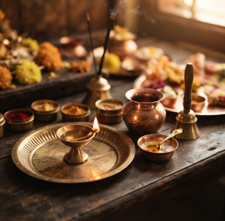 Warm sunlit morning light reflecting off sacred brass puja utensils and copper plates on a dark wooden altar table, macro depth of field, 35mm editorial photography.
