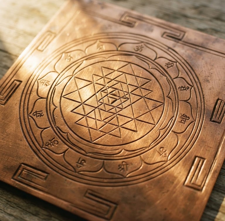 Macro close-up of a heavy-gauge copper Yantra, showing precise geometric hand-etchings, warm morning sunlight streaming across the metallic surface, 35mm photography