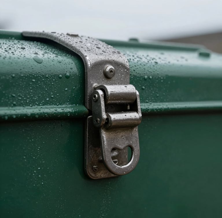 Close-up of a heavy-gauge steel tool chest latch with wet condensation under overcast morning light, sharp detail, 35mm