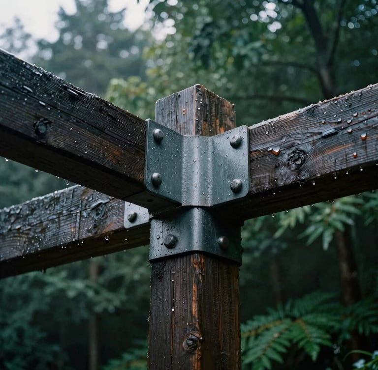 Low-angle hero shot of wet dark timber and heavy-gauge steel joints, water droplets gleaming under overcast morning light, deep forest green background, 35mm photography