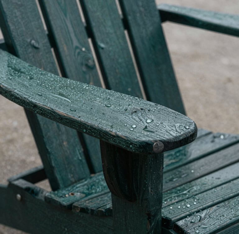 Close-up of textured resin and weathered wood grain on an Adirondack chair arm, water droplets beaded on the surface, overcast daylight