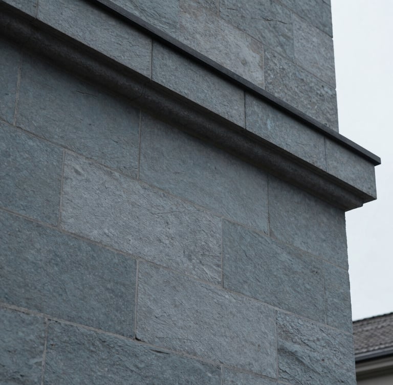 Close-up architectural detail of a Swiss stone facade with precise geometric lines, soft overcast daylight, cool slate gray tones, minimal and structured, 35mm lens