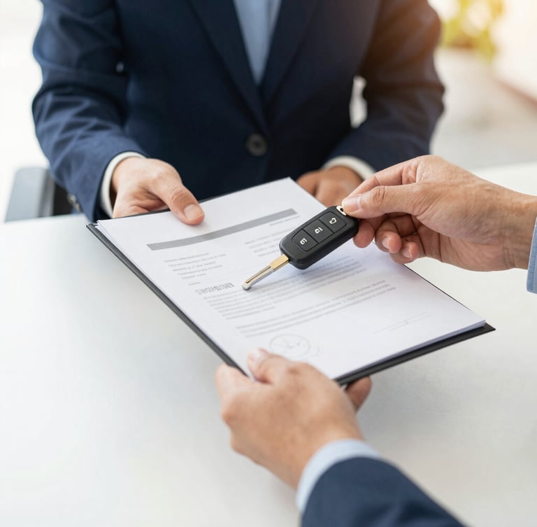 Close-up of professional hands handing over clean vehicle document folder and car keys, bright natural daylight, corporate desk setting