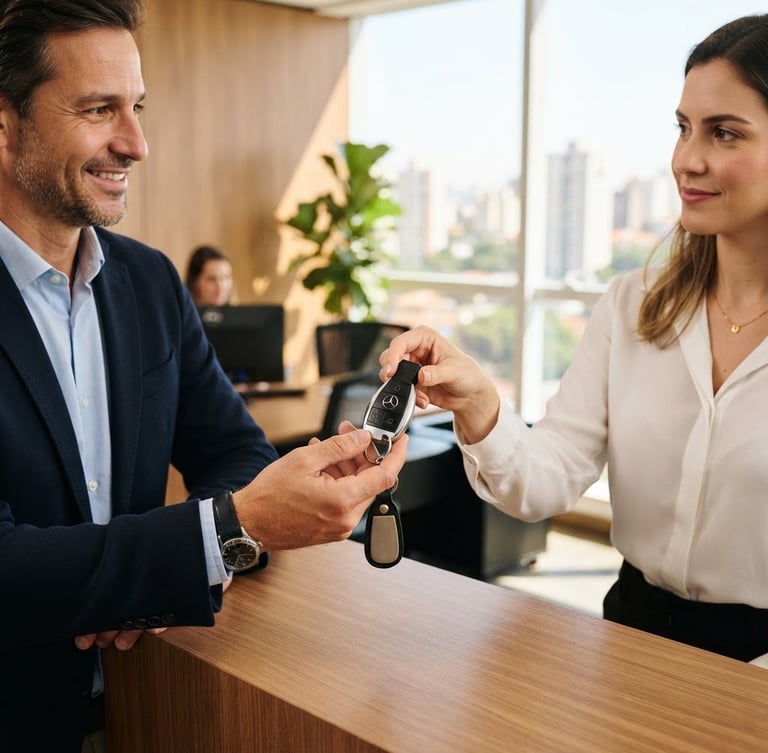 Bright professional photography of a modern car key being handed over to a client inside a clean, sunlit office in Belo Horizonte, warm gold accents, sharp focus.