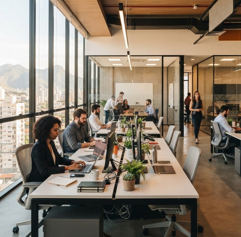 Bright professional photography of a modern, clean office interior in Belo Horizonte, warm daylight shining through large windows, organized desks, professional atmosphere
