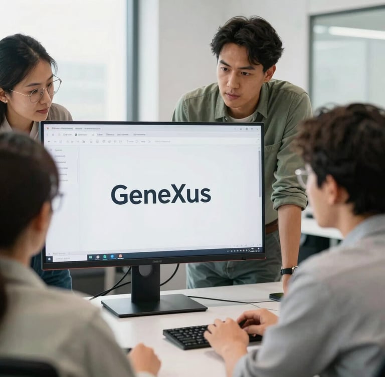 Medium close-up of a diverse team of developers collaborating around a screen, clean modern workspace, bright natural light, over-the-shoulder view of GeneXus interface.