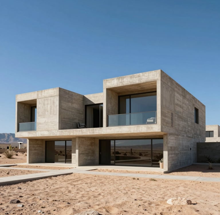Architectural perspective of a brutalist monolithic concrete villa in the Baja desert, sharp angles, harsh midday sun, clear blue sky, negative space.