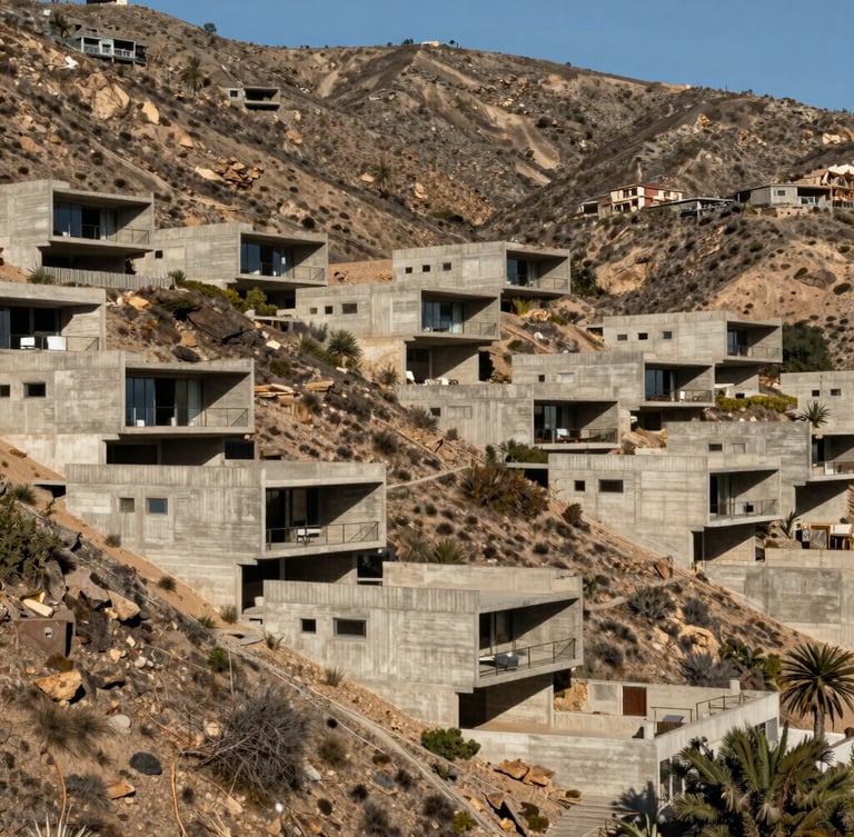 Wide dramatic architectural perspective of a completed brutalist concrete residence integrated into the dry Baja California hillside, sharp shadows.