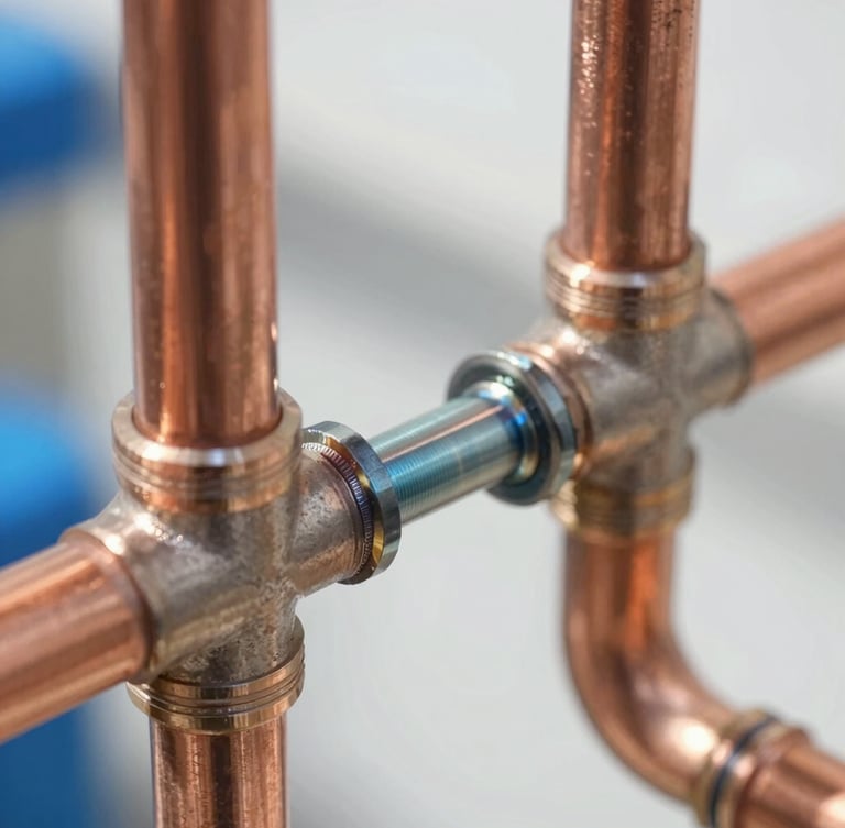 Close-up of clean modern copper piping joints neatly soldered, bright natural daylight, technical precision focus, crisp metallic tones