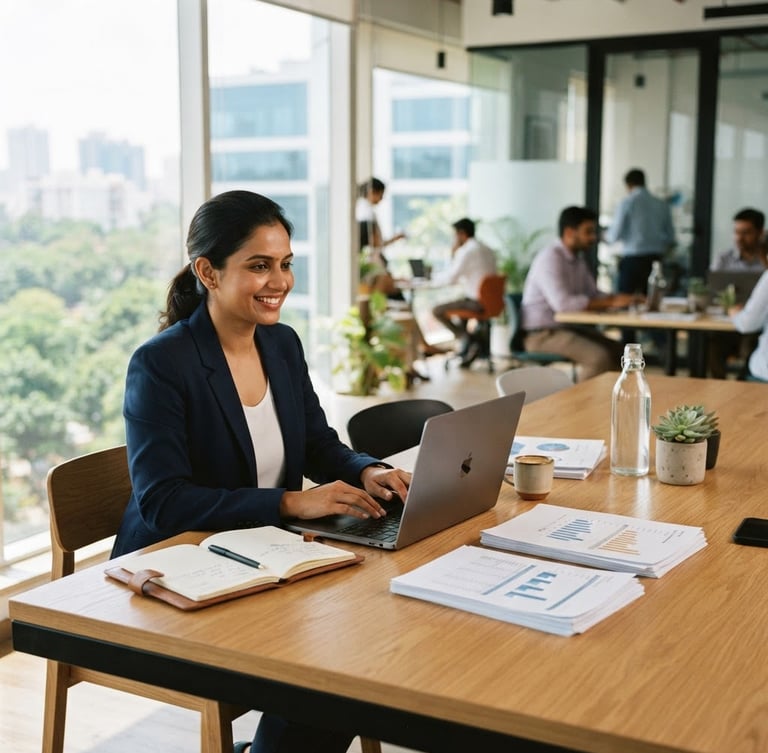 Bright editorial photography of a modern sunlit workspace in Bengaluru, neat documents on a wooden table, professional corporate setting, 35mm