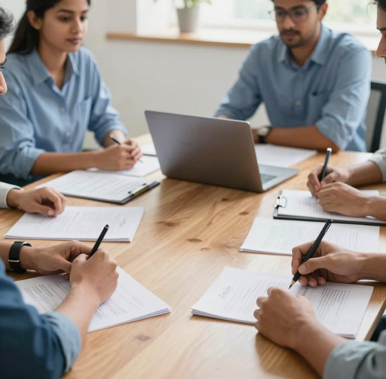 Bright editorial photograph of a collaborative strategy session around a wooden table in a Bengaluru office, neat documents, modern laptop, warm daylight, 35mm