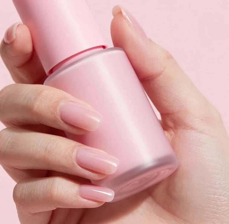 Extreme close-up of perfectly manicured hands holding a sleek gel bottle under soft pink studio lighting, glossy textures