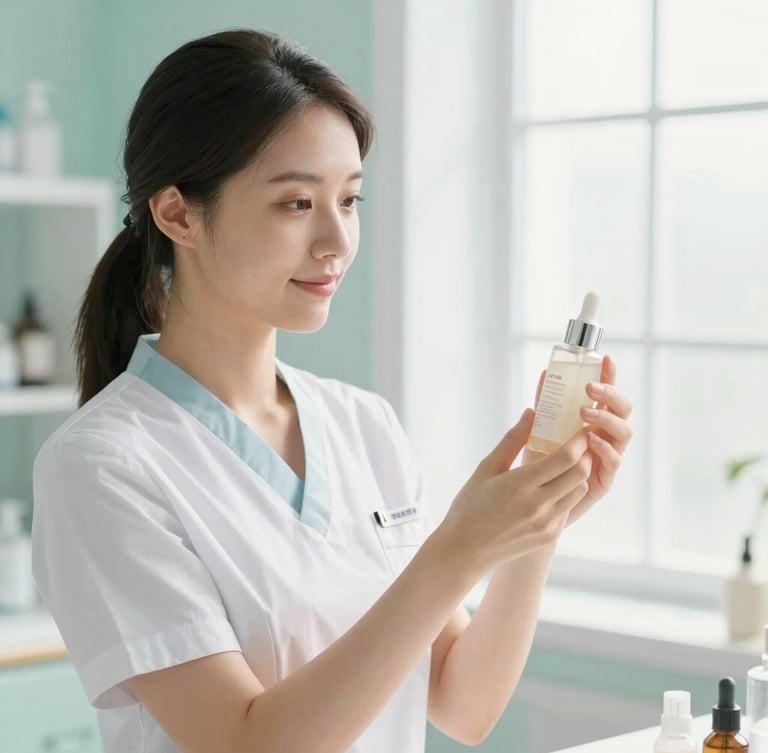 A serene, professional female practitioner in a bright, sunlit clinical environment, holding a delicate skincare bottle, soft natural window light, shallow depth of field.