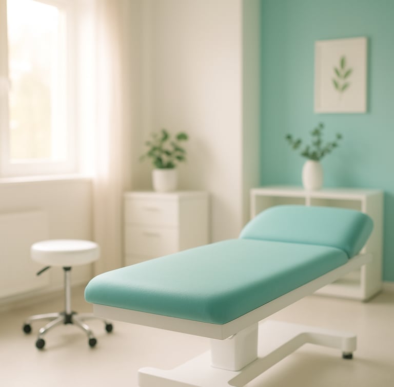 Bright editorial photography of a sunlit, pristine clinic interior with soft teal accents, warm window light, and minimalist botanical details, 35mm shallow depth of field.