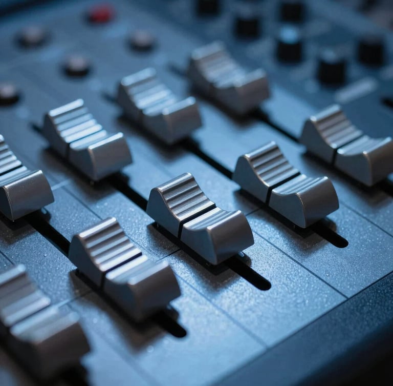 Low-light macro shot of metallic faders on an analog mixing console, cold-cathode blue light reflecting off the brushed metal surface