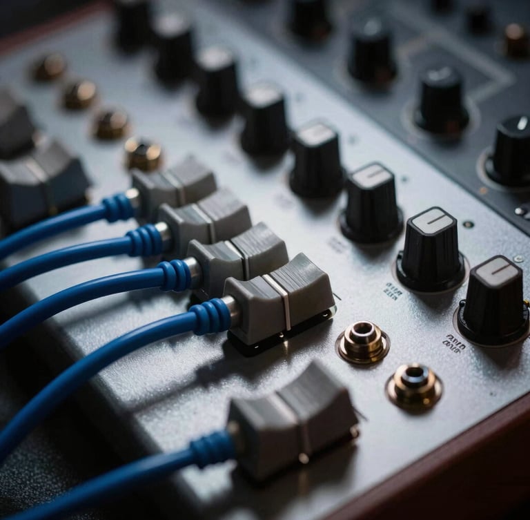 Extreme close-up of a modular synthesizer patch bay, cold blue patch cables routing between jacks, low-key high-contrast lighting, metallic texture