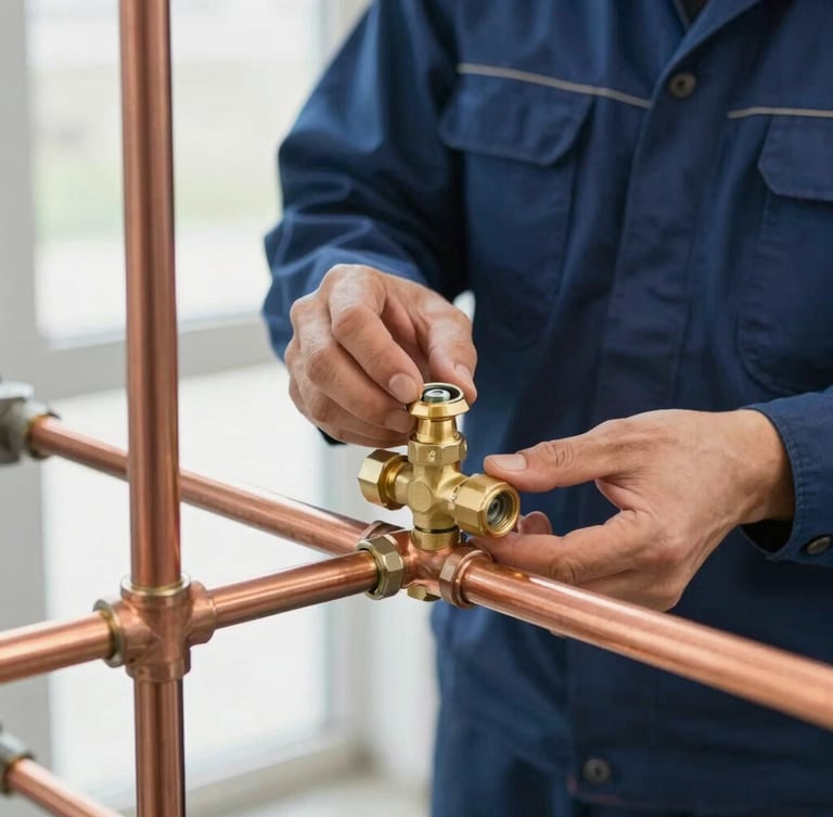 Close-up of clean copper piping and brass valves being precisely fitted by a technician wearing a clean navy uniform, bright natural daylight, crisp focus, 35mm